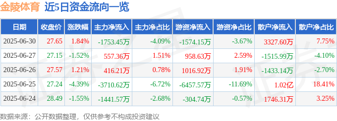 股票行情快报：金陵体育（300651）6月30日主力资金净卖出175345万元