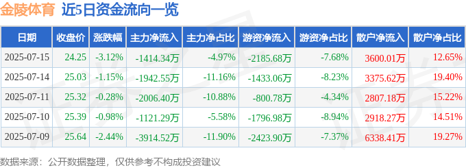 金陵体育（300651）7月15日主力资金净卖出141434万元