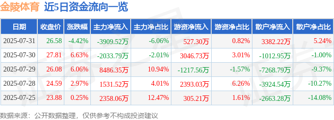 金陵体育（300651）7月31日主力资金净卖出390952万元
