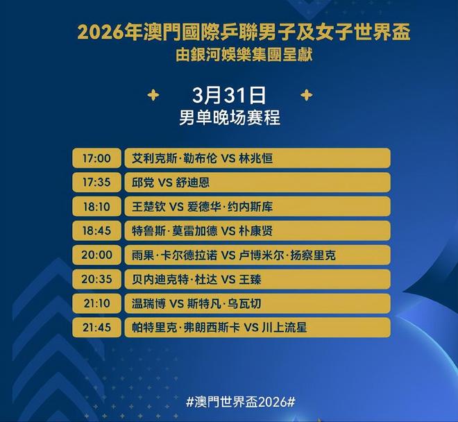 央视直播乒乓球时间表：3月31日CCTV5直播国乒！附世界杯今日赛程(图7)