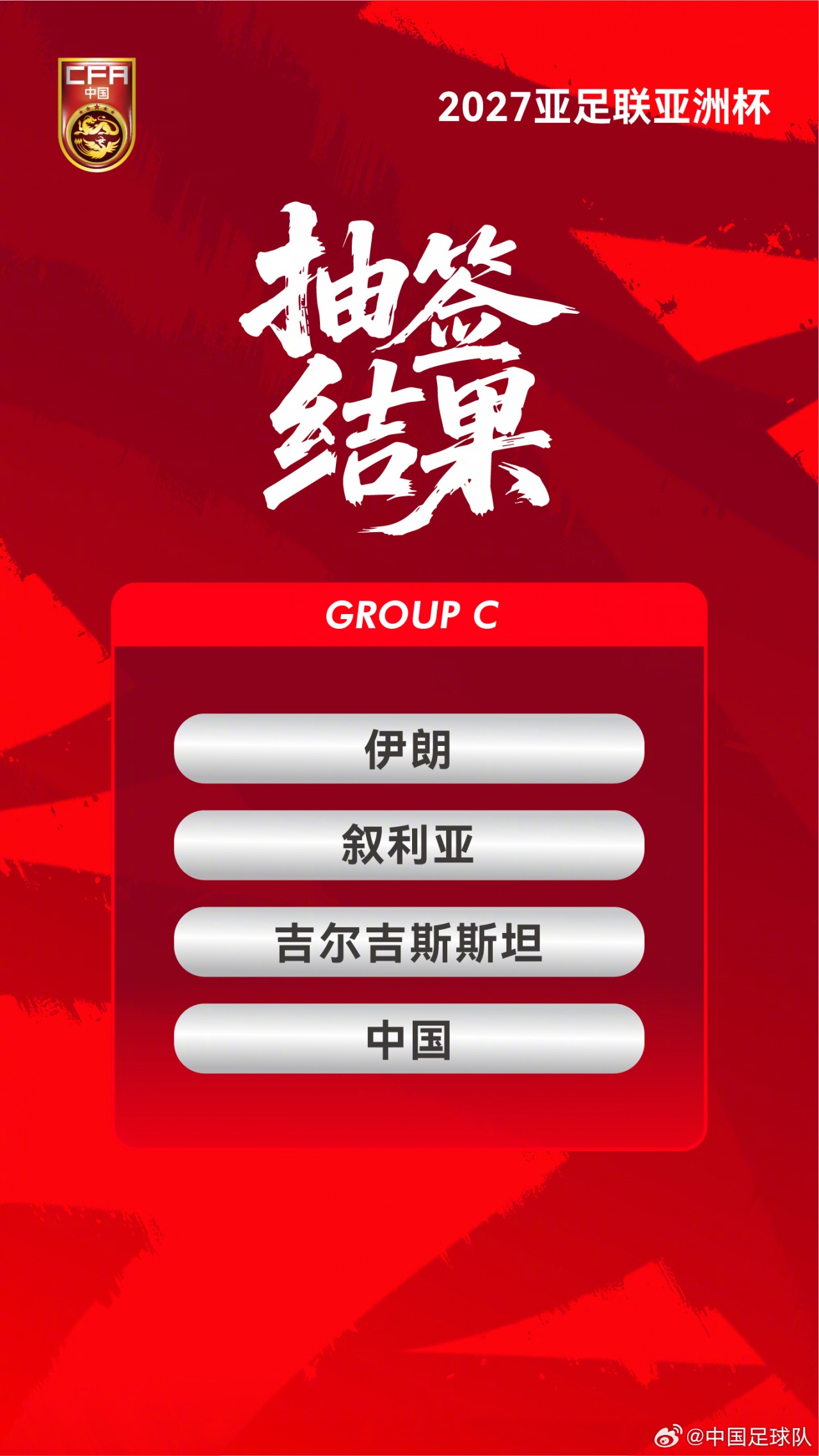 2027亚洲杯抽签分组：国足与伊朗、叙利亚、吉尔吉斯斯坦同组